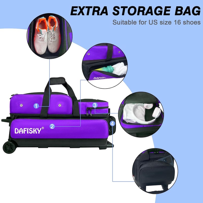 DAFISKY 3 ball bowling bags with wheels, bowling ball bag 3 ball roller with Multiple Pockets Retractable Handle - Image 5
